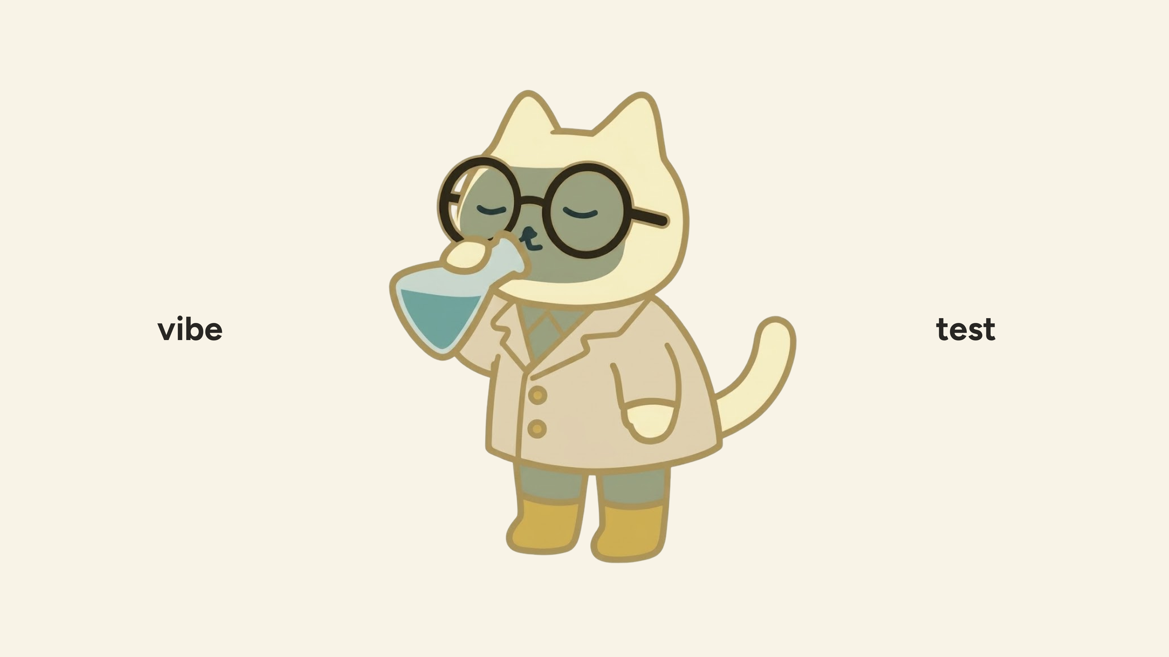 Astracat, the Astryx mascot, dressed as a scientist in a lab coat and round glasses, sipping a flask of blue liquid, with the words vibe and test on either side
